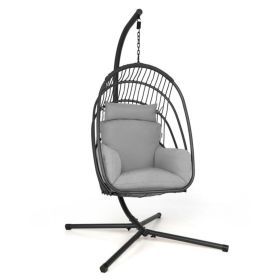 Hanging Folding Egg Chair with Stand Soft Cushion Pillow Swing Hammock (Color: Gray)