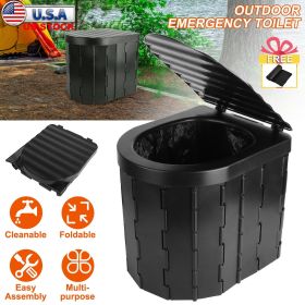 Foldable Emergency Toilet Portable Porta Potty for Car Travel Camping Boating Hiking Cleanable Travel Commode with Lid Carry Bag 1 Roll Garbage B (Color: Black)