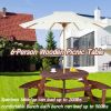 Outdoor 6 Person Picnic Table, 6 person Round Picnic Table with 3 Built-in Benches, Umbrella Hole, Outside Table and Bench Set for Garden, Backyard
