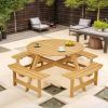 Outdoor 6 Person Picnic Table, 6 person Round Picnic Table with 3 Built-in Benches, Umbrella Hole, Outside Table and Bench Set for Garden, Backyard